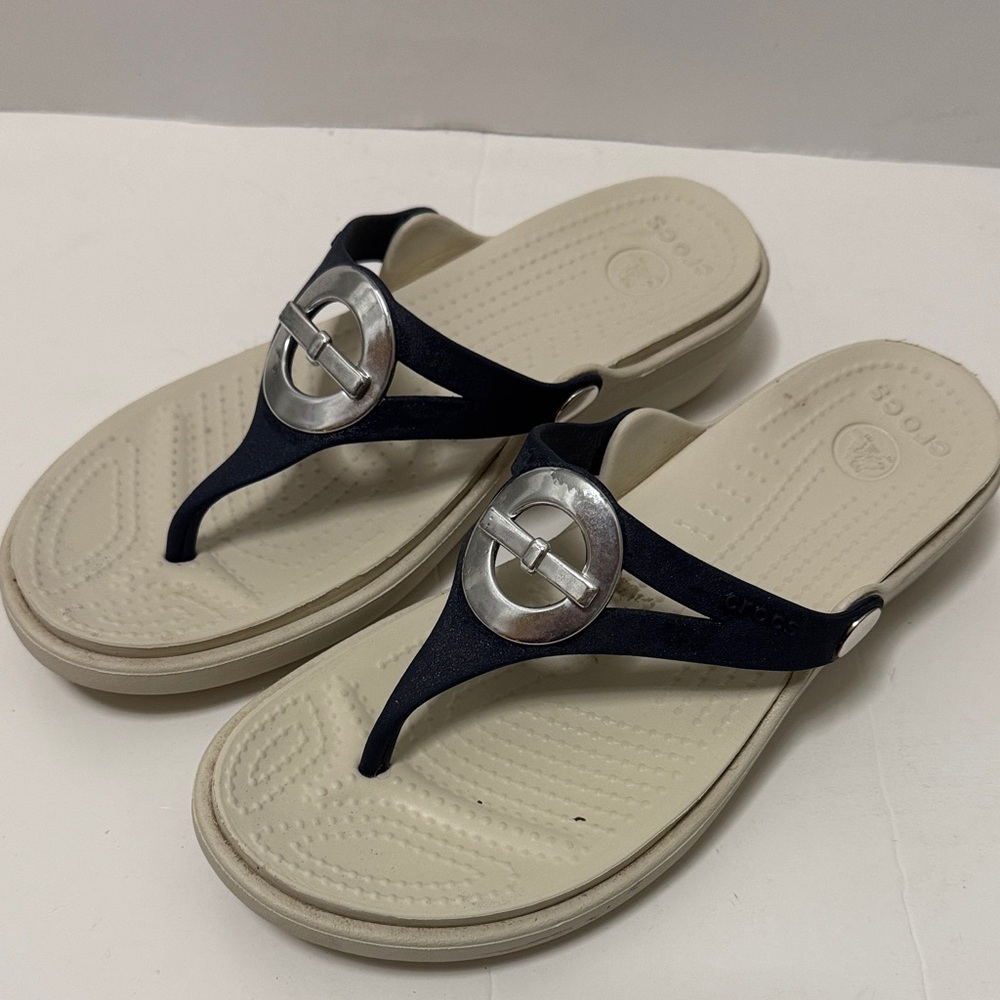 CROCS Women’s Navy and Ivory Thong Sandals with Silver Accent